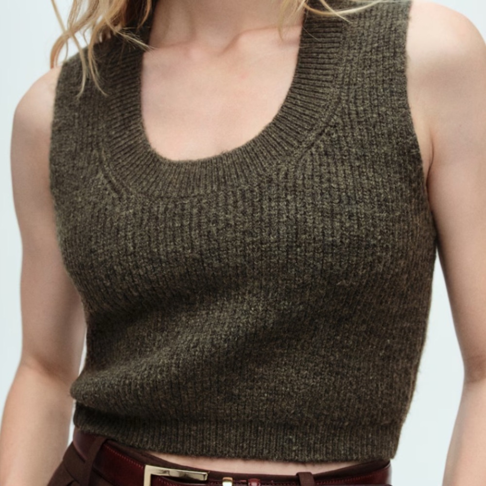 Mango KNITTED CROPPED TOP Sweater Green XL NWT